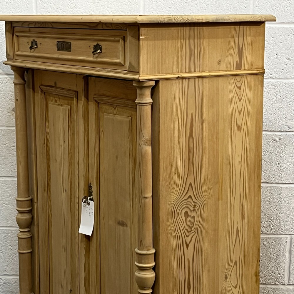 Fairly Tall Slim Antique Pine 2 Door Cupboard Top Drawer View V
