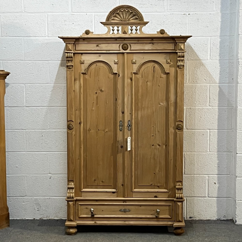 Large Decorative Antique Pine 2 Door Shelved Cupboard With Bottom Drawer