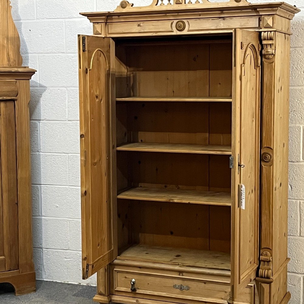 Large Decorative Antique Pine 2 Door Shelved Cupboard With Bottom Drawer View V