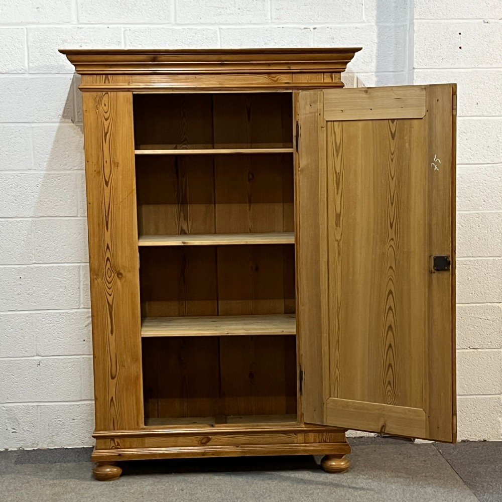A tall antique waxed pine storage cupboard featuring a single panelled door, an iron keyhole escutcheon, a moulded top cornice, and bun feet. View VI