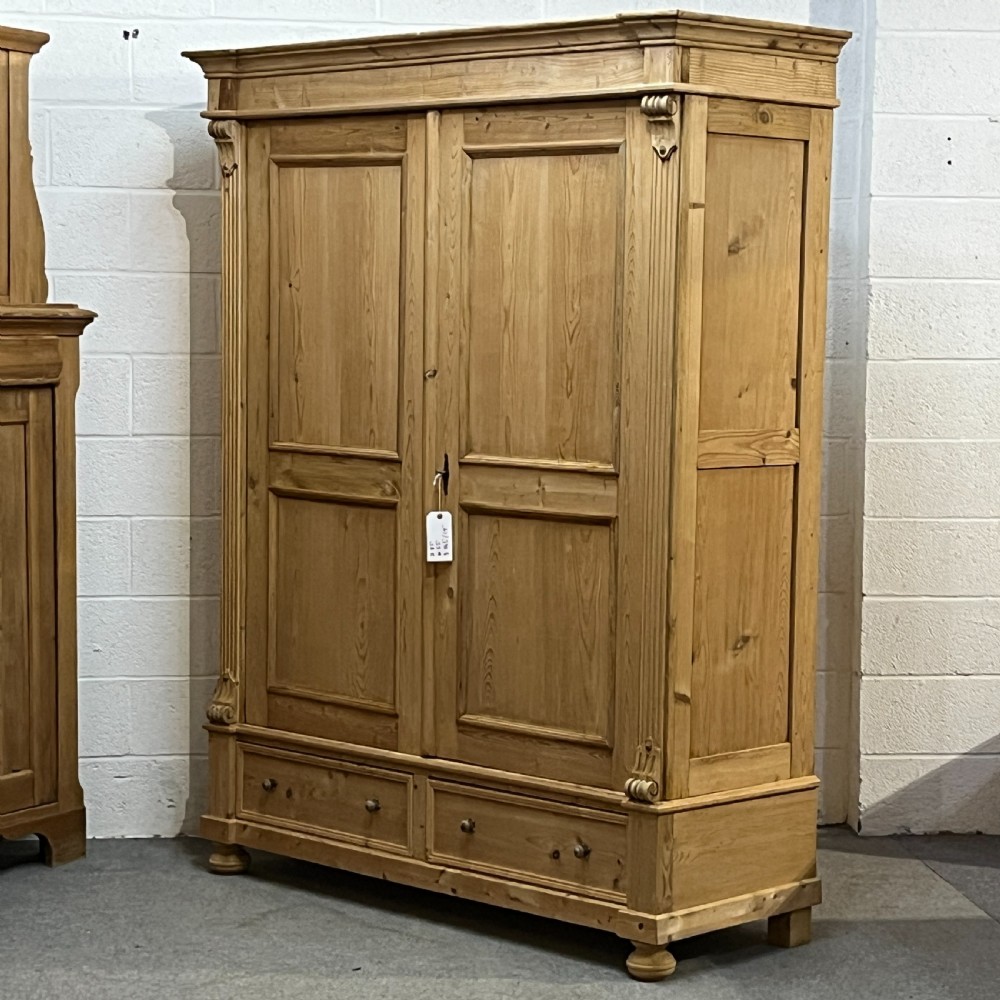 Very Large Antique Pine Double Wardrobe With Bottom Drawers (Dismantles) View II