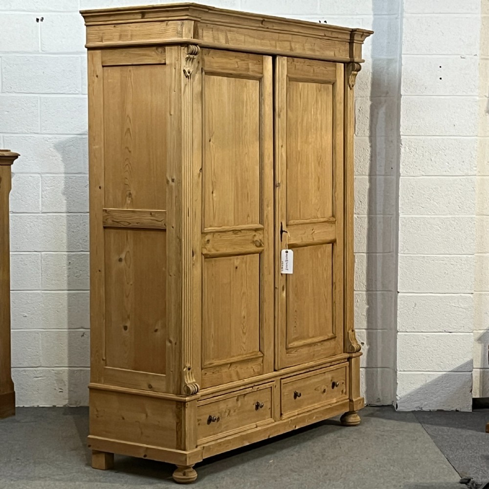 Very Large Antique Pine Double Wardrobe With Bottom Drawers (Dismantles) View III