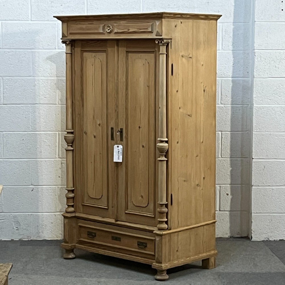 Small Antique Pine 2 Door Wardrobe With Bottom Drawer View II