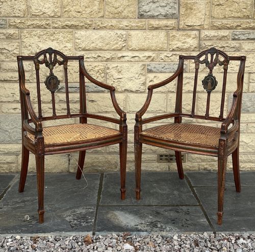 Good Pair Early 19th Century Satinwood Armchairs with Original Painted Decoration.
