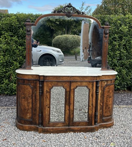 Large Victorian Marquetry Inlaid Burr Walnut 4 Door Mirror Backed Credenza/ Chiffonier.