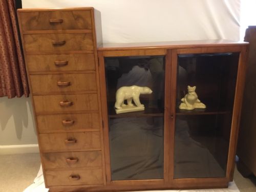 An Art Deco Walnut Glass Fronted Bookcase/display Cabinet, with Nine Drawers to the Left.