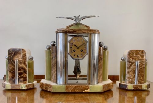 Art Deco French Clock with Garnitures.