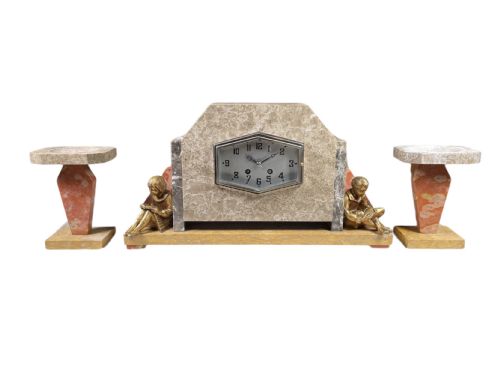 ART DECO CLOCK AND PAIR OF MATCHING GARNITURES