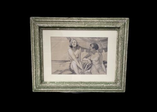 Art Deco Original Drawing of Two Females Sunbathing