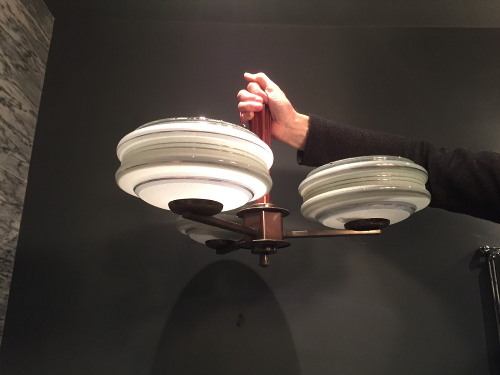 An Art Deco three armed pendant light