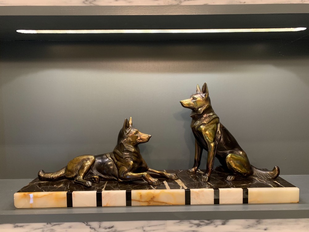 A French Art Deco Spelter Pair of Alsatian Dogs