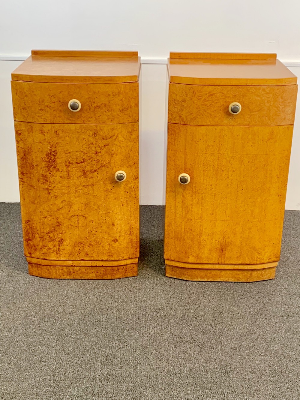 A Pair of Art Deco Birch Bedside Cabinets 
