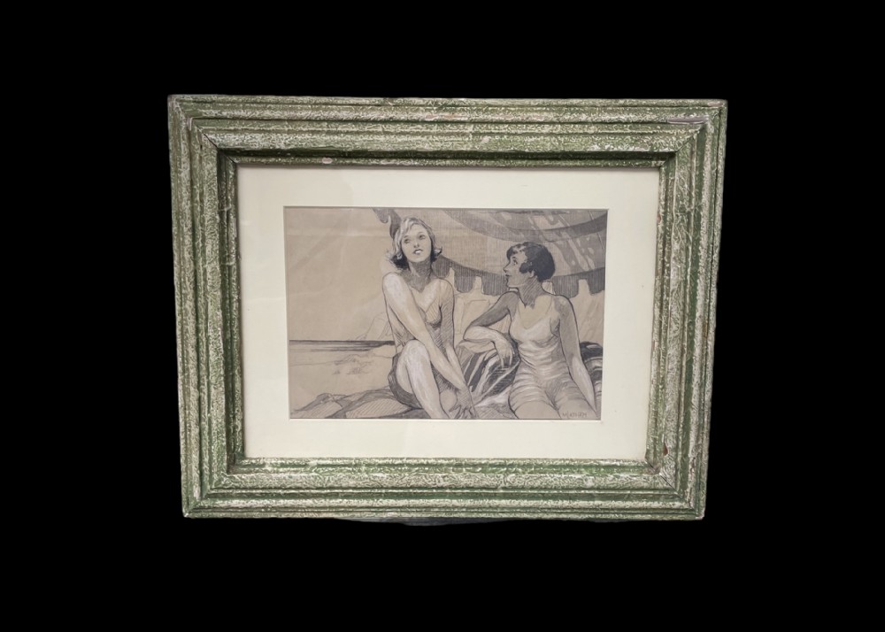 Art Deco original drawing of Two Females Sunbathing