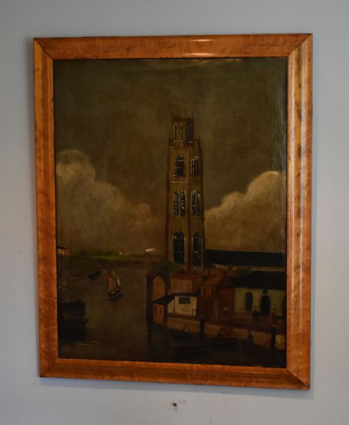 folk art oil painting of boston lincolnshire - CATEGORY: ANTIQUE ART - DATED 1850