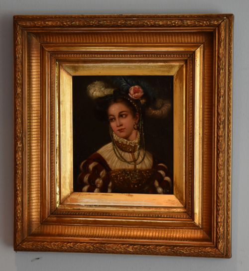 fine oil painting of a lady in renaissance dress - CATEGORY: ANTIQUE ART - DATED 1850