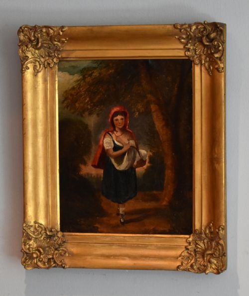 victorian oil painting of little red riding hood - CATEGORY: ANTIQUE ART - DATED 1850