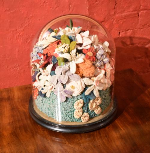 victorian woolwork flowers under dome - CATEGORY: ANTIQUE MISCELLANEOUS - DATED 1880