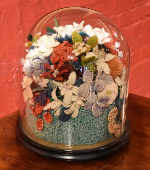 VICTORIAN WOOLWORK FLOWERS UNDER DOME - ADDITIONAL PHOTO 1