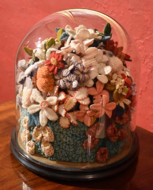 VICTORIAN WOOLWORK FLOWERS UNDER DOME - ADDITIONAL PHOTO 2