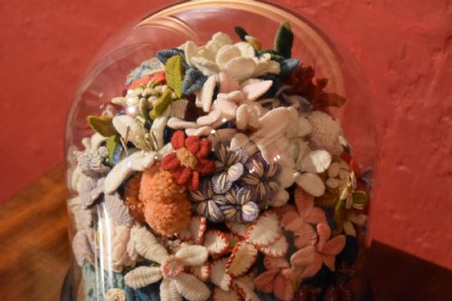 VICTORIAN WOOLWORK FLOWERS UNDER DOME - ADDITIONAL PHOTO 3