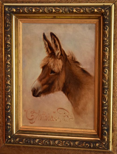'cynthia' victorian oil painting of a donkey - CATEGORY: ANTIQUE ART - DATED VICTORIAN