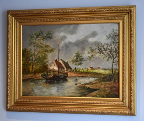 river landscape oil painting by hmelsen - CATEGORY: ANTIQUE ART - DATED 1930