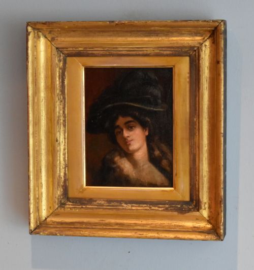 portrait oil painting of a lady in a plumed hat - CATEGORY: ANTIQUE ART - DATED 1900