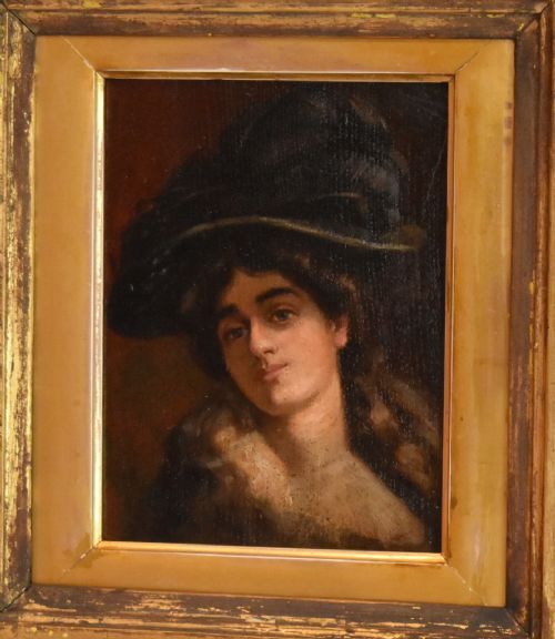 PORTRAIT OIL PAINTING OF A LADY IN A PLUMED HAT - ADDITIONAL PHOTO 1