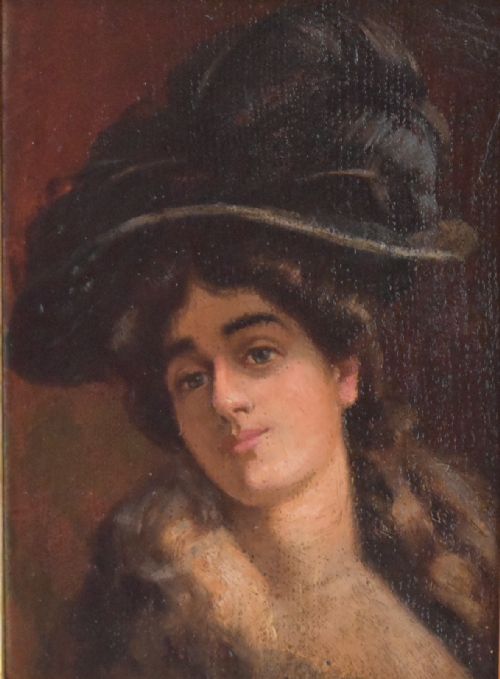 PORTRAIT OIL PAINTING OF A LADY IN A PLUMED HAT - ADDITIONAL PHOTO 2