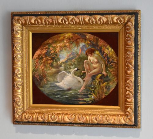 fine french oil painting of leda and the swan - CATEGORY: ANTIQUE ART - DATED 1900