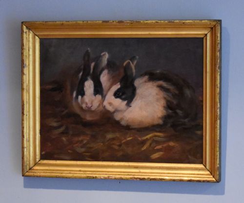 oil painting of two dutch rabbits - CATEGORY: ANTIQUE ART - DATED 1900