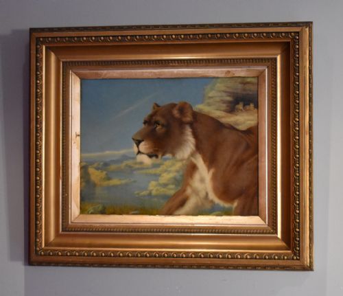 PAIR OF OIL PAINTINGS OF A LION AND LIONESS - ADDITIONAL PHOTO 1