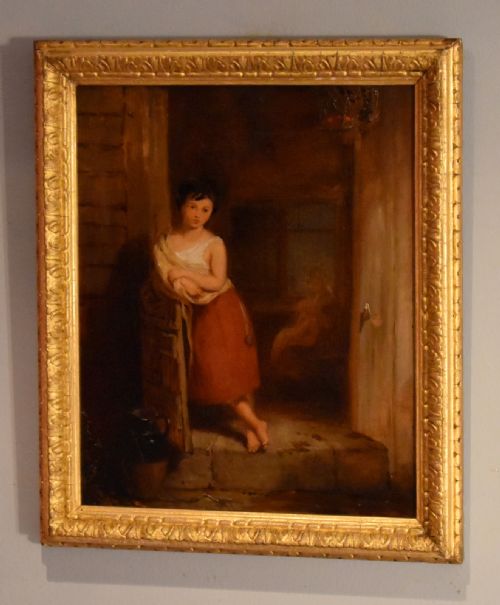 superb oil painting of a girl in a doorway - CATEGORY: ANTIQUE ART - DATED 1850