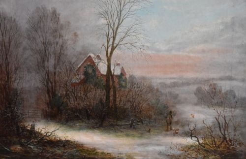 VICTORIAN WINTER SCENE LANDSCAPE OIL PAINTING - ADDITIONAL PHOTO 2