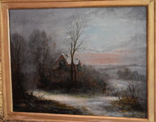 VICTORIAN WINTER SCENE LANDSCAPE OIL PAINTING - ADDITIONAL PHOTO 3
