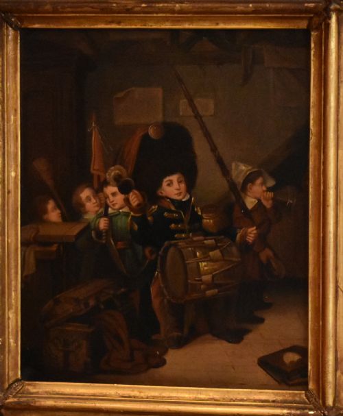 PAIR OF OIL PAINTINGS OF CHILDREN PLAYING SOLDIERS - ADDITIONAL PHOTO 5