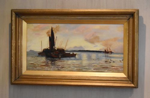 victorian marine oil painting fishing boats at dawn - CATEGORY: ANTIQUE ART - DATED VICTORIAN