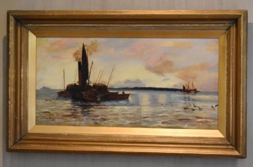 VICTORIAN MARINE OIL PAINTING FISHING BOATS AT DAWN - ADDITIONAL PHOTO 1