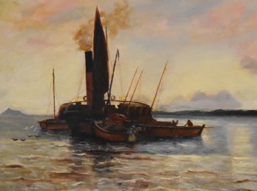 VICTORIAN MARINE OIL PAINTING FISHING BOATS AT DAWN - ADDITIONAL PHOTO 2