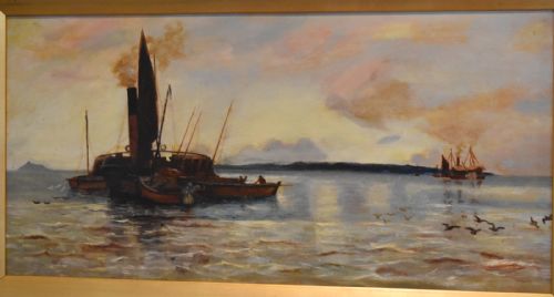 VICTORIAN MARINE OIL PAINTING FISHING BOATS AT DAWN - ADDITIONAL PHOTO 3