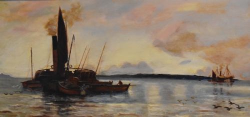 VICTORIAN MARINE OIL PAINTING FISHING BOATS AT DAWN - ADDITIONAL PHOTO 4