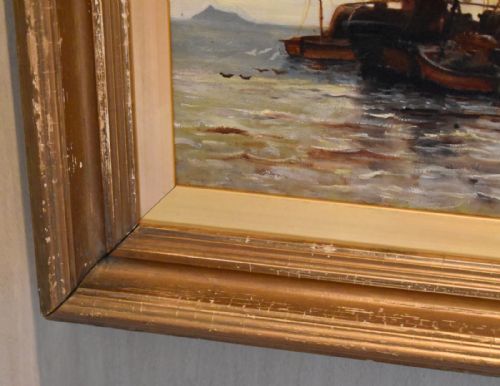 VICTORIAN MARINE OIL PAINTING FISHING BOATS AT DAWN - ADDITIONAL PHOTO 5