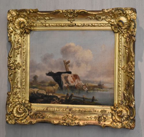late georgian oil painting of cattle in landscape - CATEGORY: ANTIQUE ART - DATED REGENCY