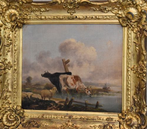 LATE GEORGIAN OIL PAINTING OF CATTLE IN LANDSCAPE - ADDITIONAL PHOTO 2
