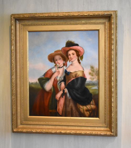 victorian oil painting of two ladies - CATEGORY: ANTIQUE ART - DATED 1880