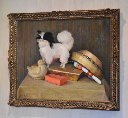 wonderful oil painting of a japanese chin toy dog - CATEGORY: ANTIQUE ART - DATED 1900