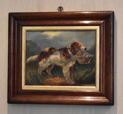 victorian oil of a dog with a basket of flowers - CATEGORY: ANTIQUE ART - DATED VICTORIAN