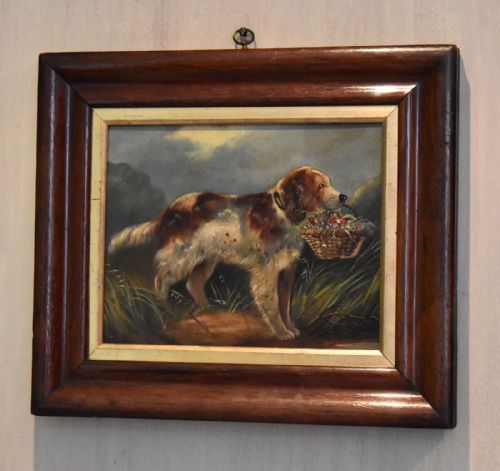 VICTORIAN OIL OF A DOG WITH A BASKET OF FLOWERS - ADDITIONAL PHOTO 1