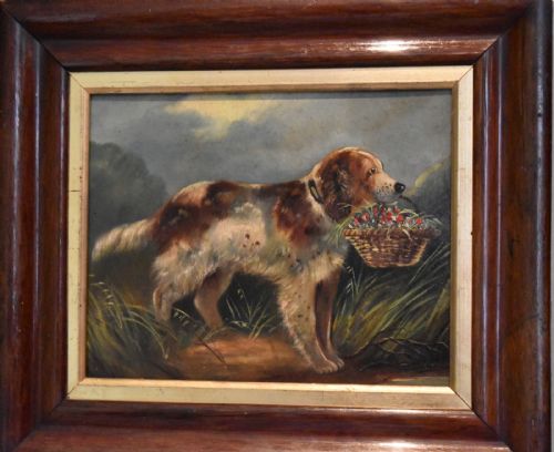 VICTORIAN OIL OF A DOG WITH A BASKET OF FLOWERS - ADDITIONAL PHOTO 2