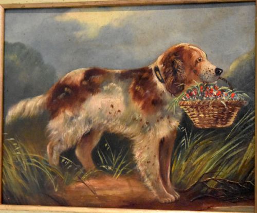 VICTORIAN OIL OF A DOG WITH A BASKET OF FLOWERS - ADDITIONAL PHOTO 3